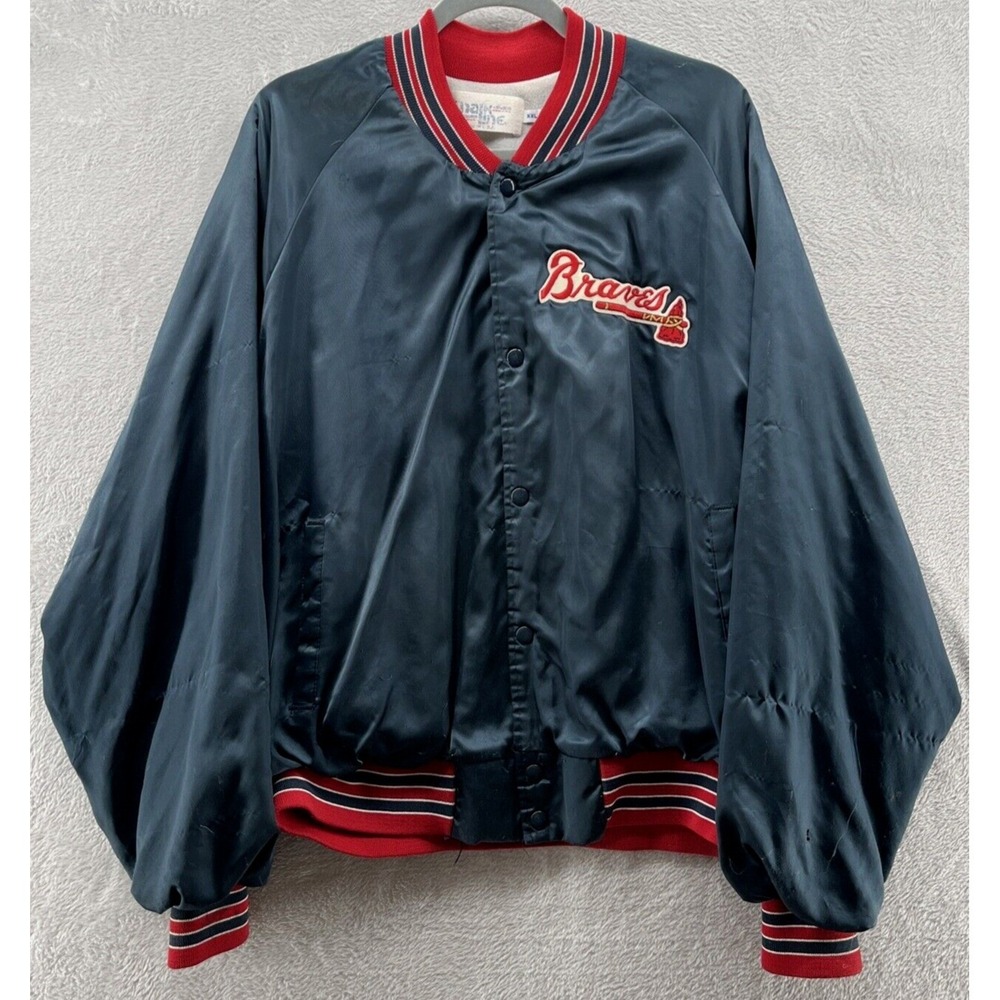 VTG Chalk Line Jacket Mens XXL Atlanta Braves Button Up Satin Blue Red Bomber